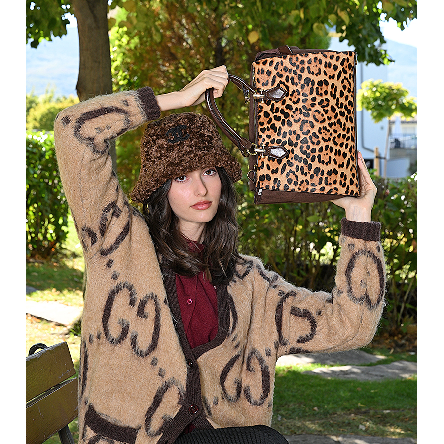 γυναικεία τσάντα φυσικό δέρμα/ύφασμα καφέ 3