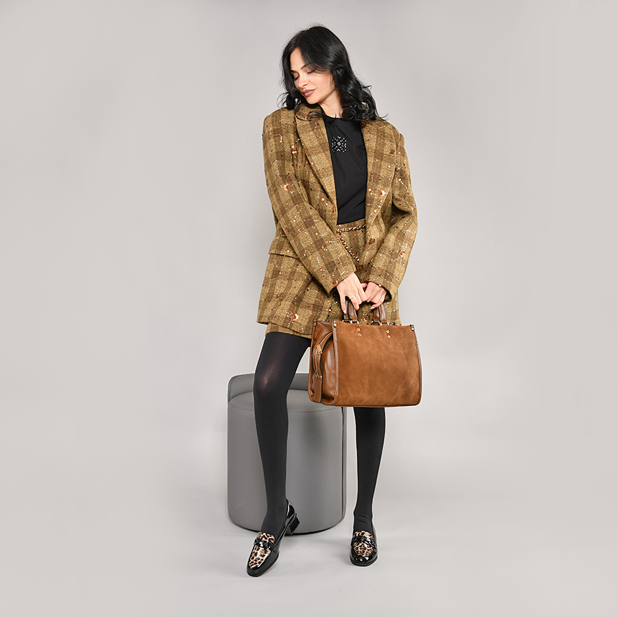 γυναικεία τσάντα φυσικό δέρμα/ύφασμα καφέ 3